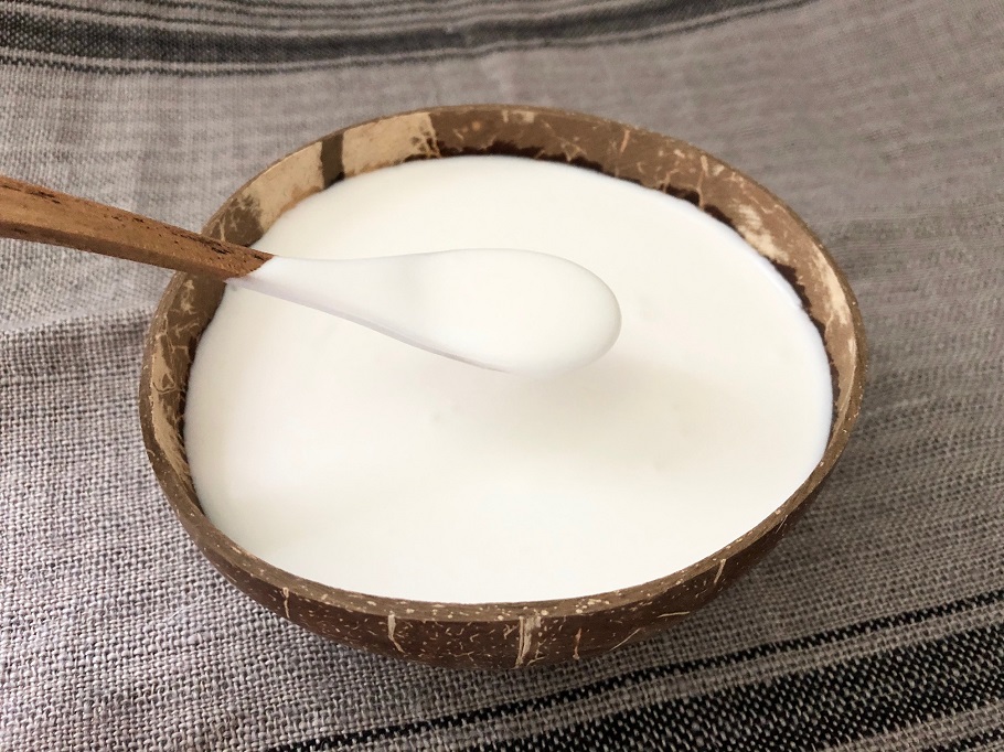 kokosyoghurt i en skål av kokosnöt och en sked fylld med yoghurt